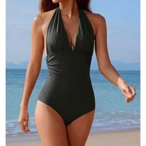 Tournesol Women's One Piece Swimsuit Halter Bathing Suit V Neck Ruched Swimwear
